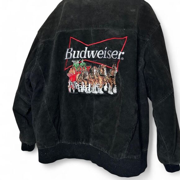 Vintage Budweiser Clydesdale Horses Black Suede Bomber Jacket XXL Oversized - Picture 1 of 7